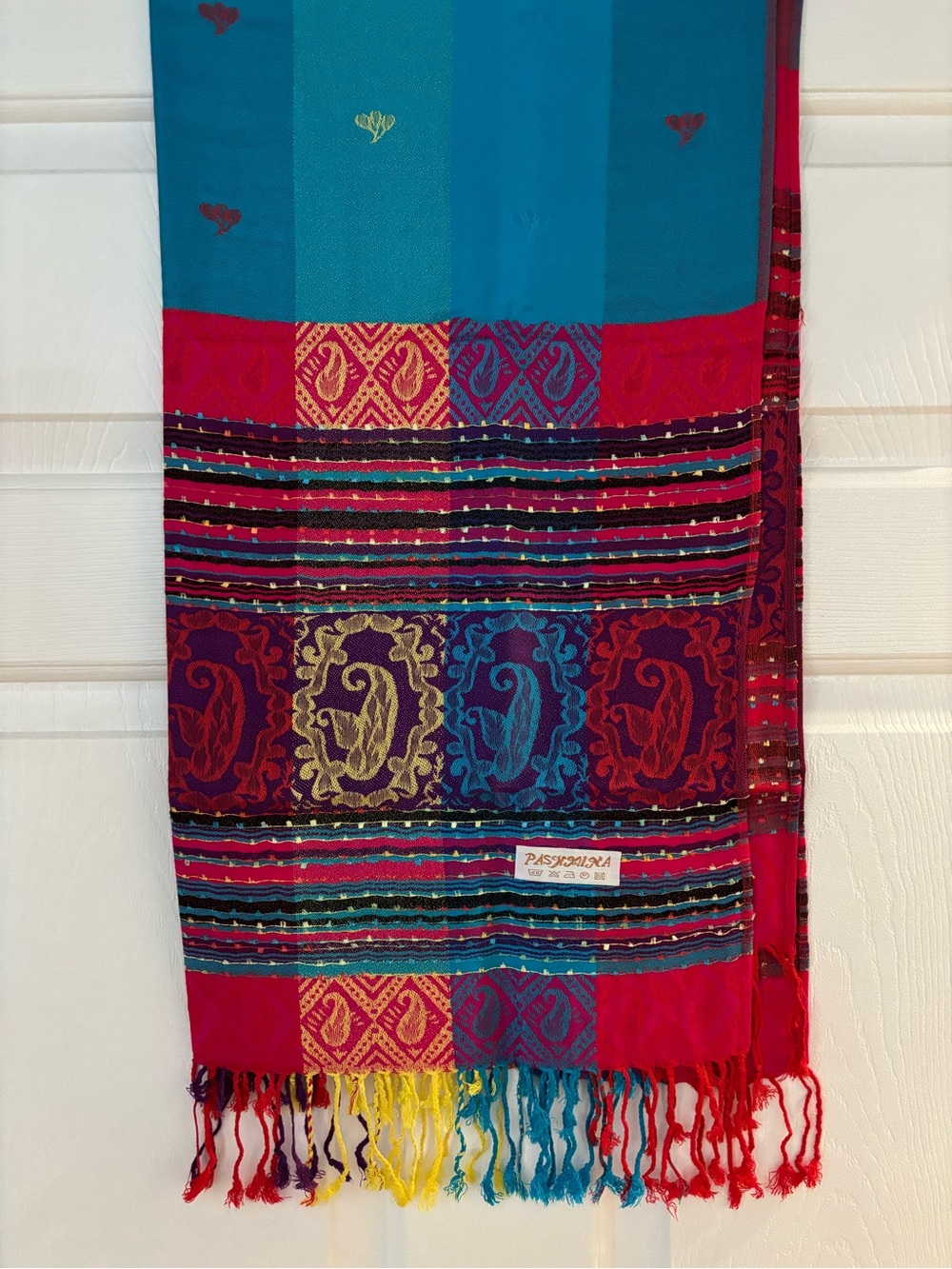 Gorgeous ethnic design pashmina scarf with tassels - large